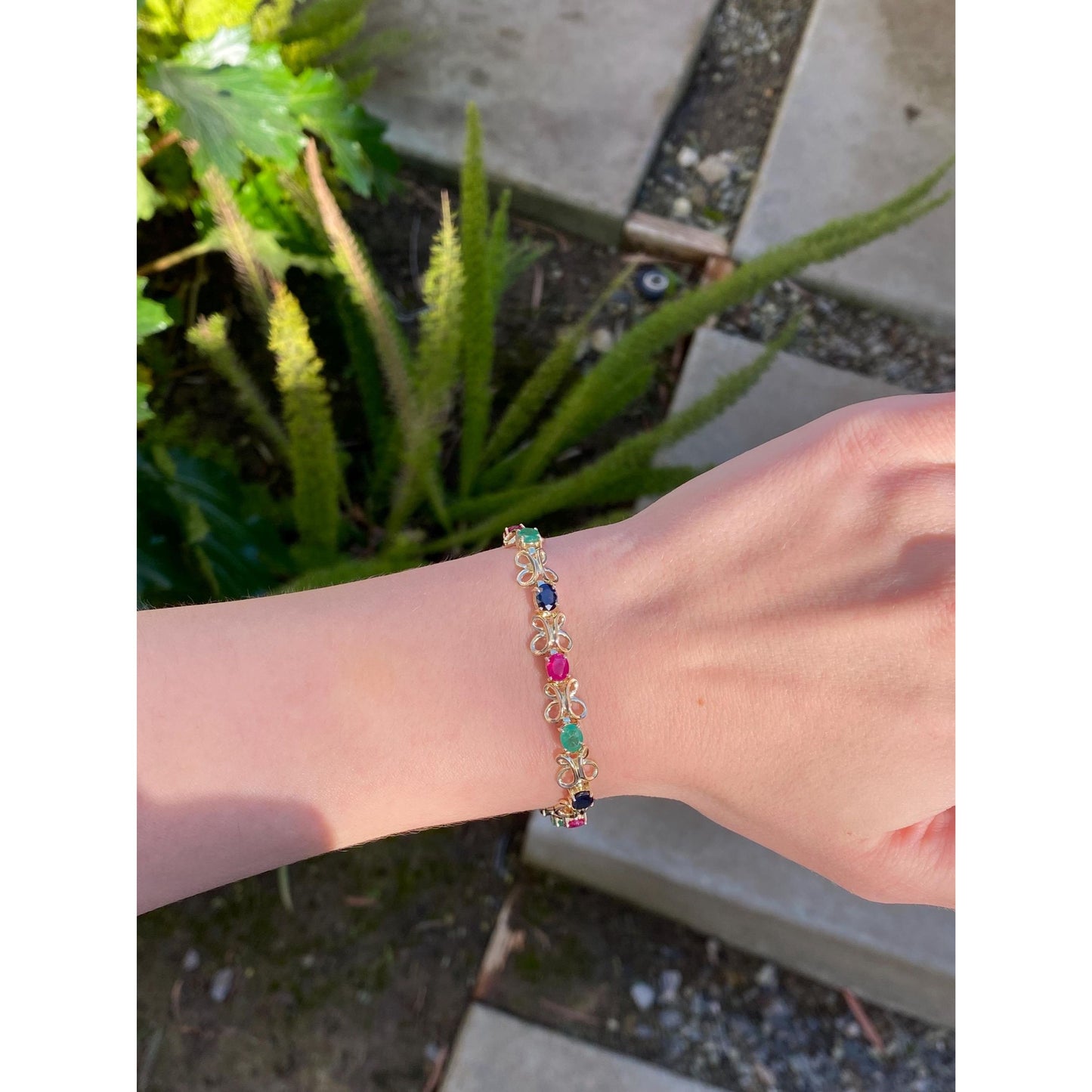 Vintage Solid 14k Yellow Gold Emerald Ruby Sapphire Link Bracelet - 7 inches