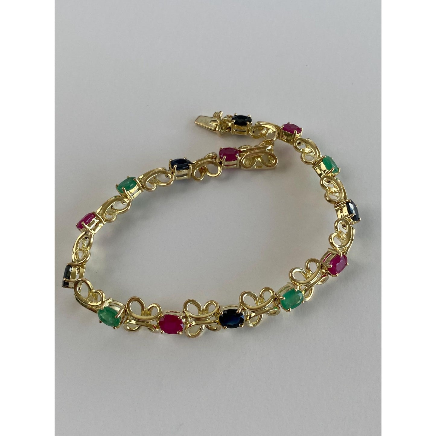 Vintage Solid 14k Yellow Gold Emerald Ruby Sapphire Link Bracelet - 7 inches