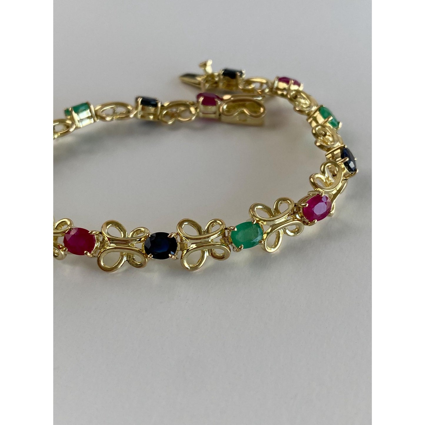 Vintage Solid 14k Yellow Gold Emerald Ruby Sapphire Link Bracelet - 7 inches