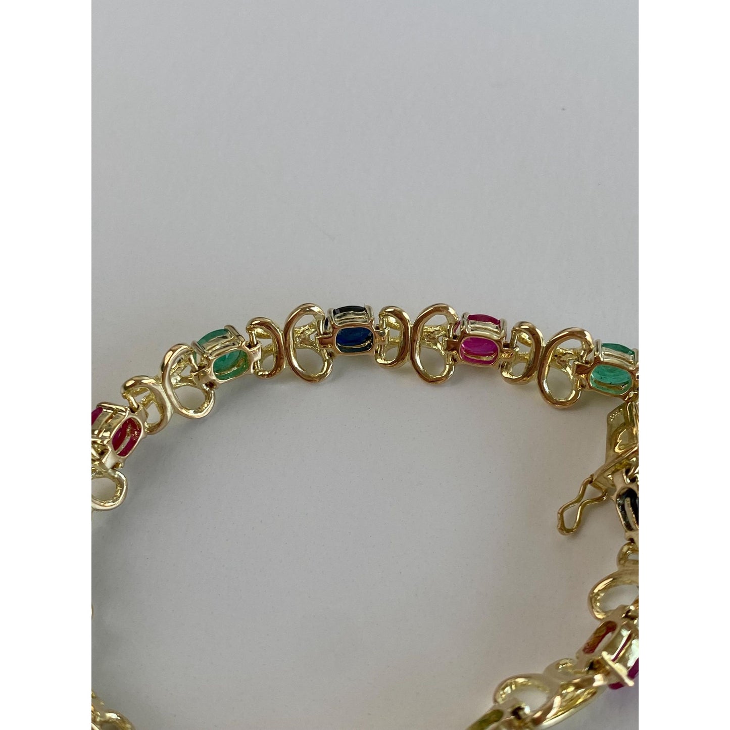 Vintage Solid 14k Yellow Gold Emerald Ruby Sapphire Link Bracelet - 7 inches