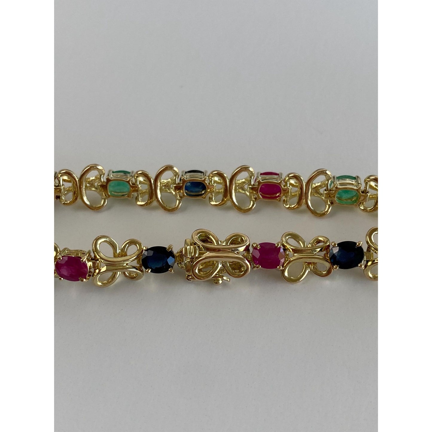 Vintage Solid 14k Yellow Gold Emerald Ruby Sapphire Link Bracelet - 7 inches