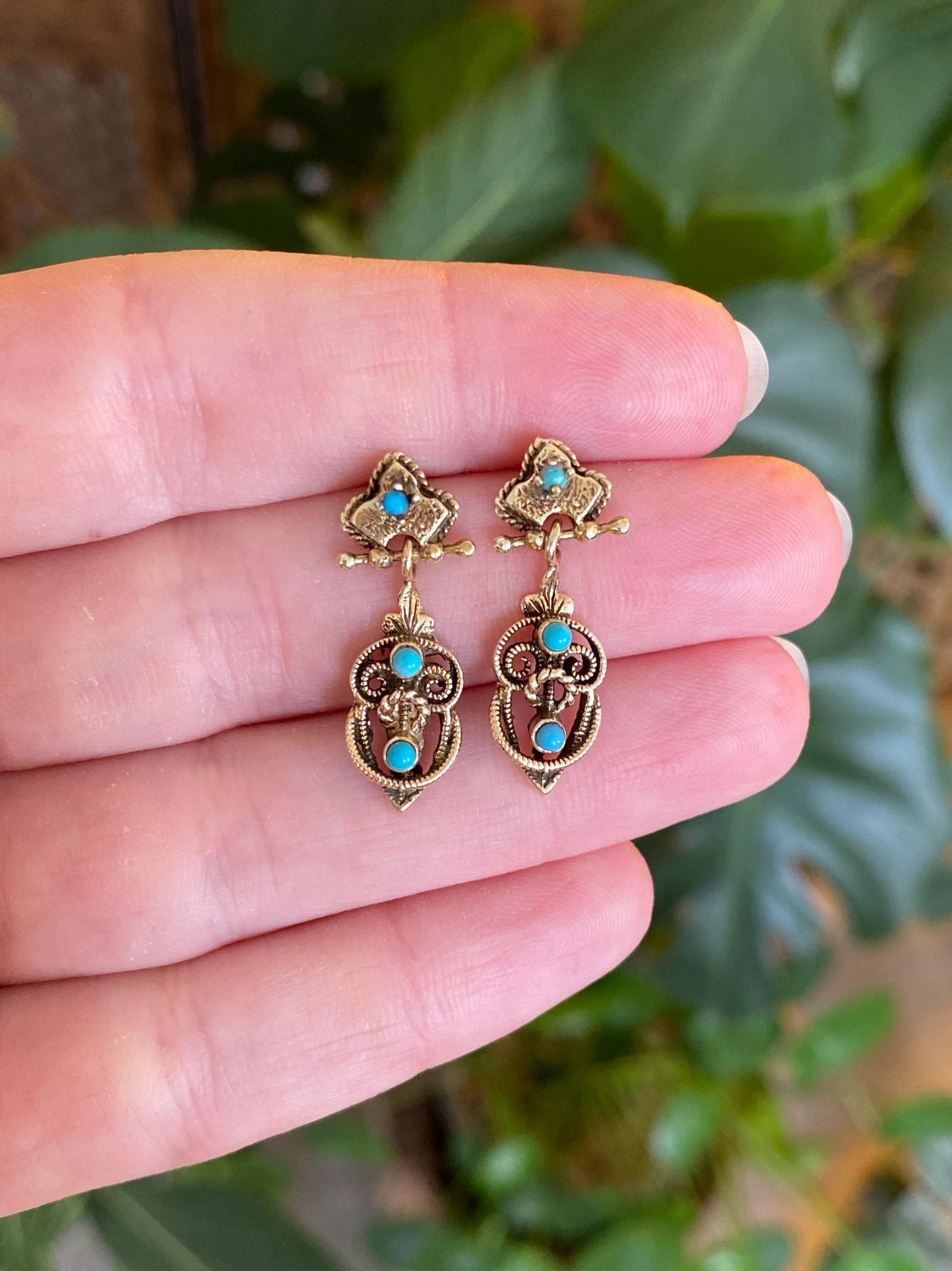 Vintage Solid 14k Yellow Gold Turquoise Ornate Dangle Stud Earrings