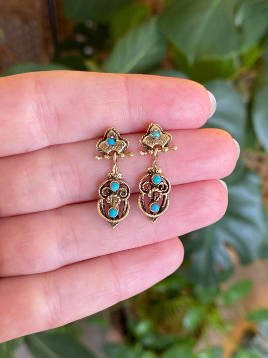 Vintage Solid 14k Yellow Gold Turquoise Ornate Dangle Stud Earrings