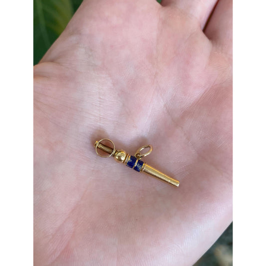 Vintage 18k Yellow Gold Blue Enamel Key Charm