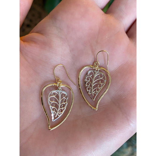 Solid 14k White & Yellow Gold Leaf Dangle Earrings