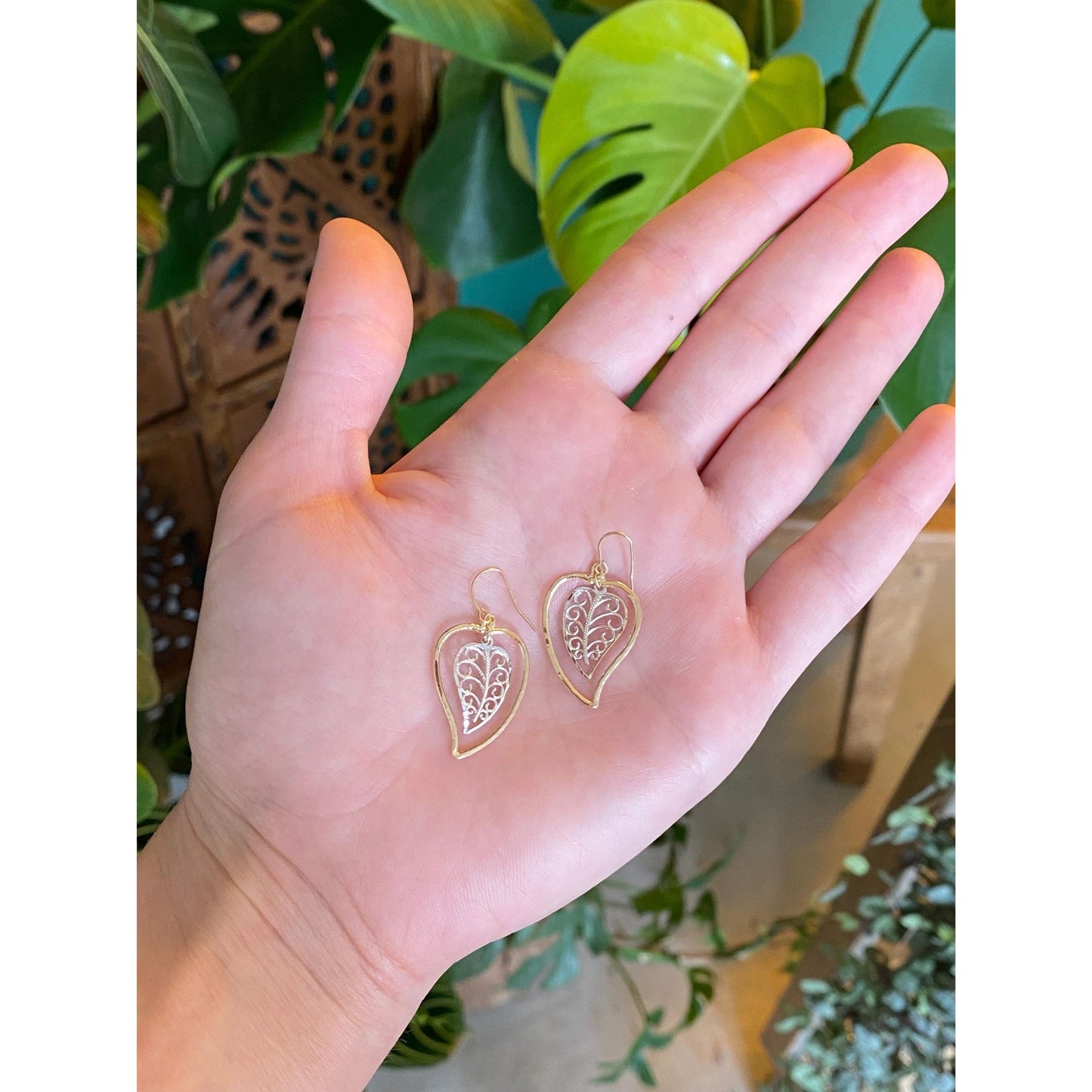 Solid 14k White & Yellow Gold Leaf Dangle Earrings