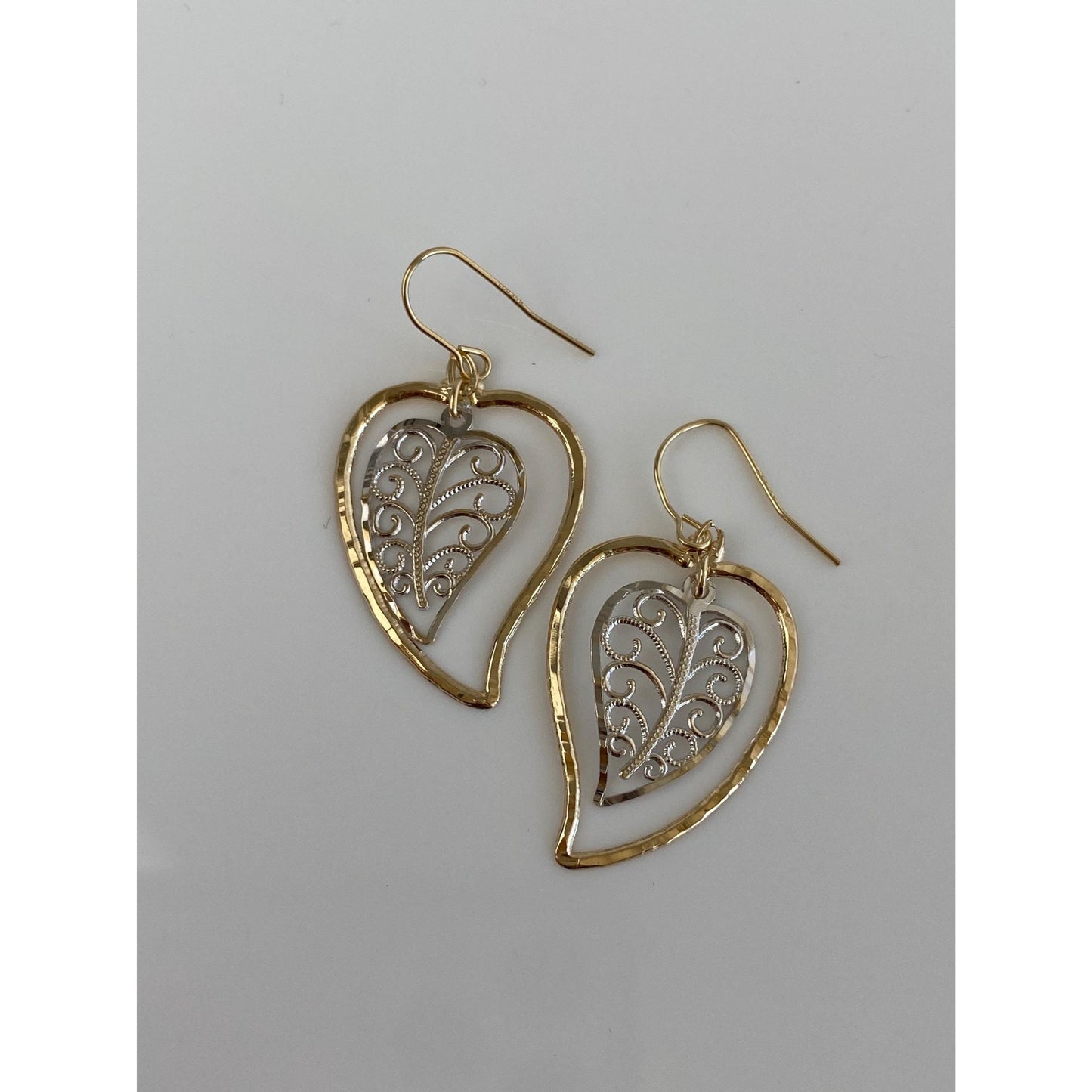 Solid 14k White & Yellow Gold Leaf Dangle Earrings