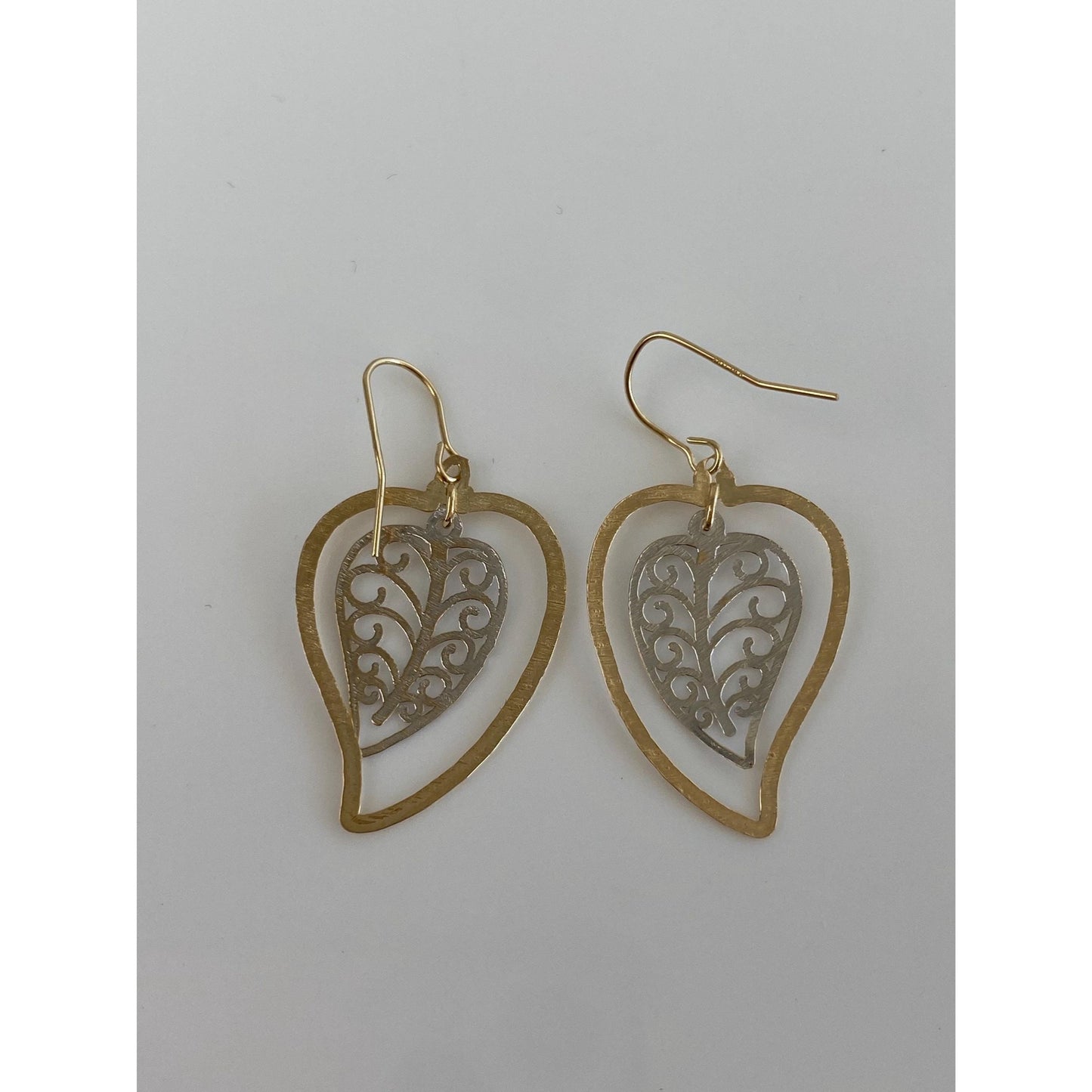 Solid 14k White & Yellow Gold Leaf Dangle Earrings