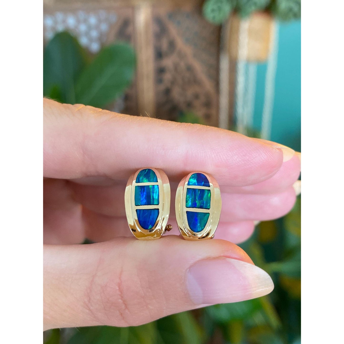 Vintage Solid 14k Yellow Gold Opal Inlay Drop Earrings