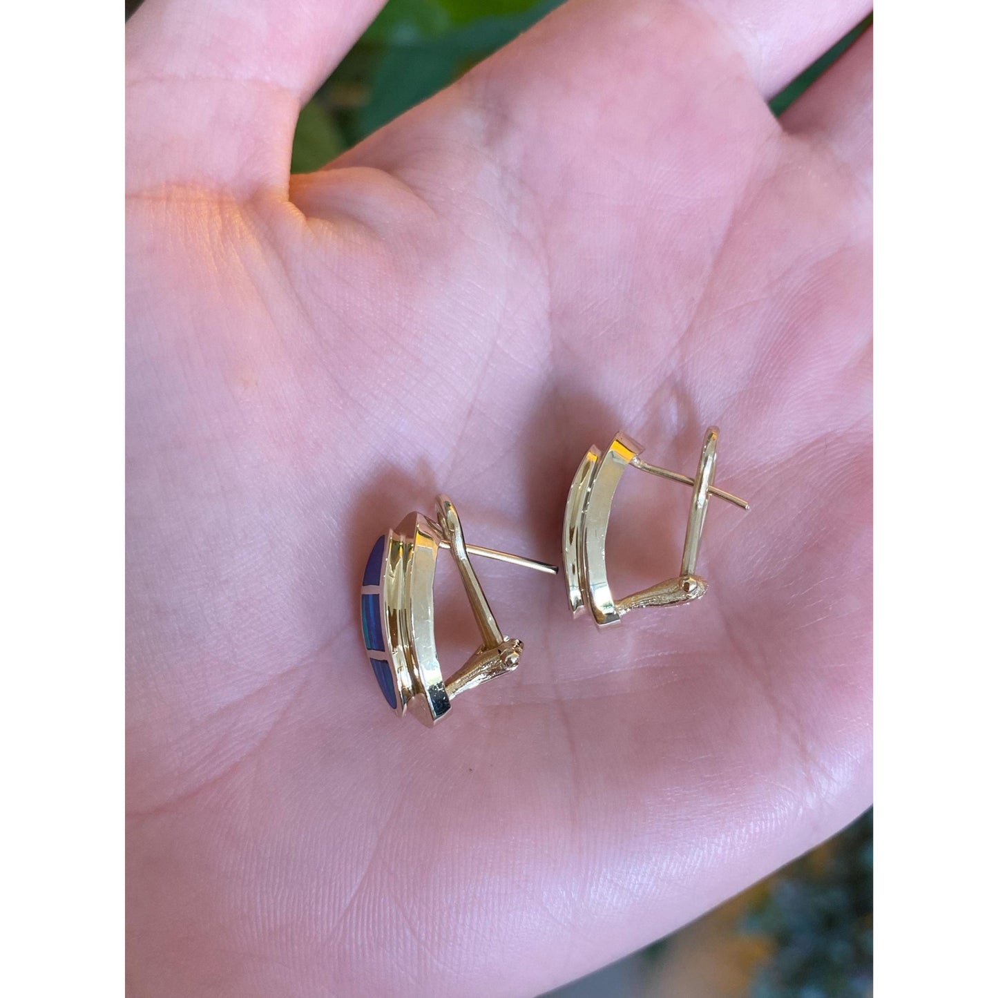 Vintage Solid 14k Yellow Gold Opal Inlay Drop Earrings