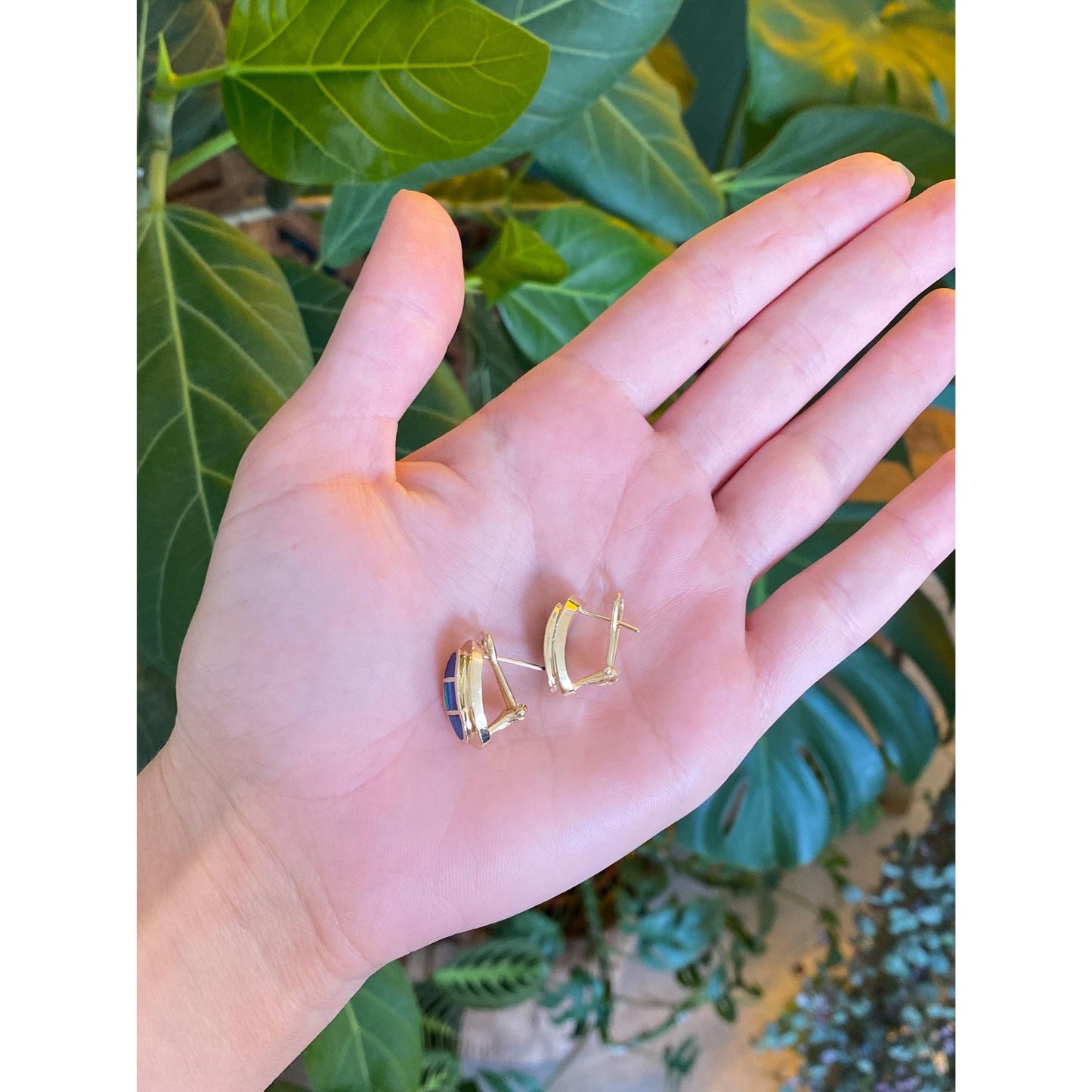 Vintage Solid 14k Yellow Gold Opal Inlay Drop Earrings