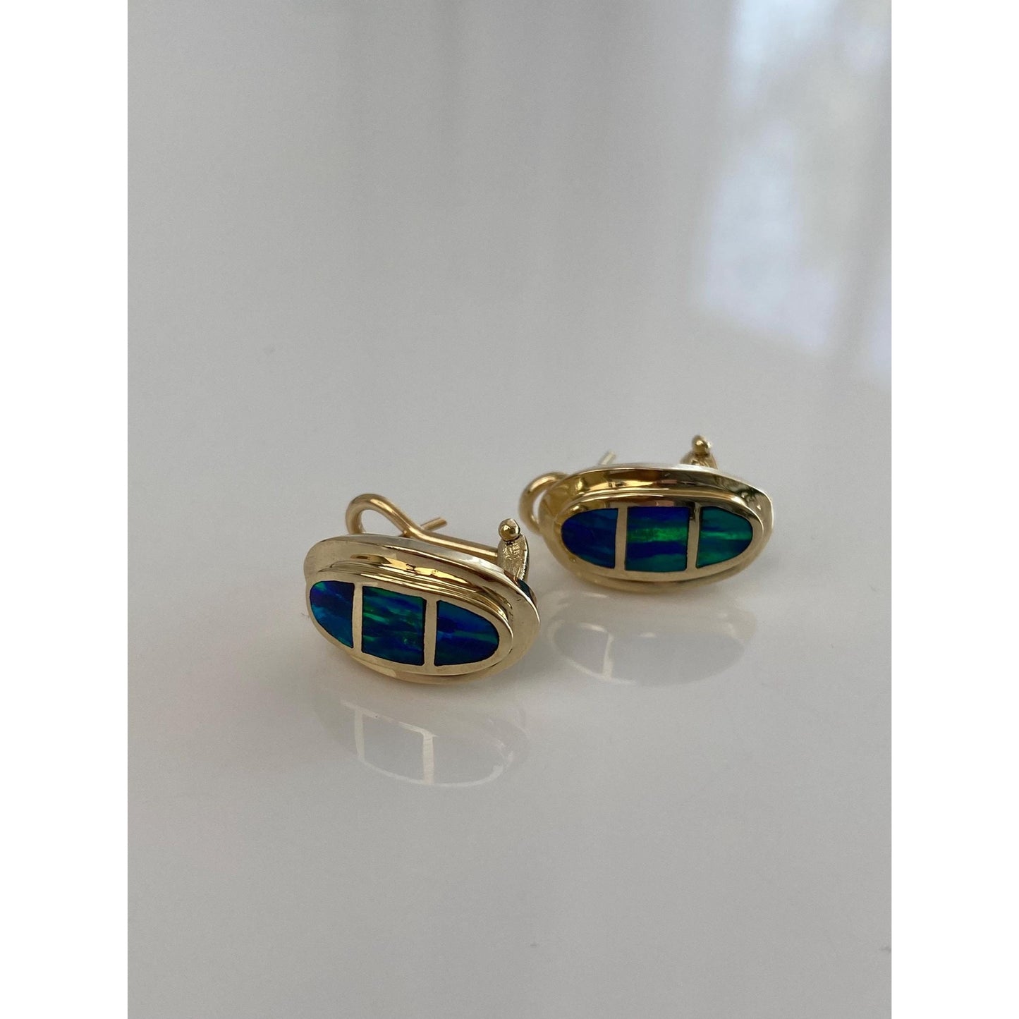 Vintage Solid 14k Yellow Gold Opal Inlay Drop Earrings
