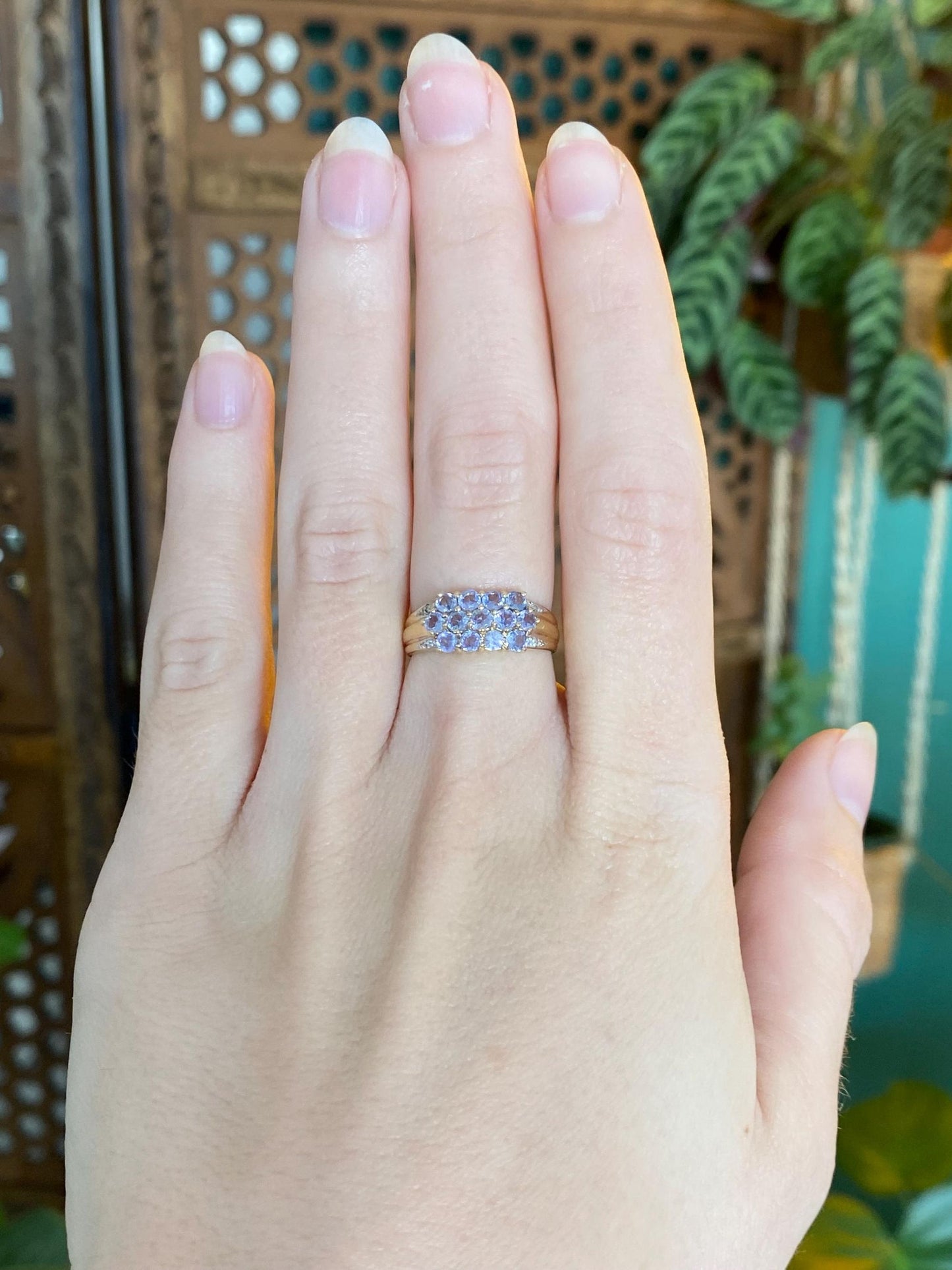 Vintage Solid 14k White & Yellow Gold Diamond Tanzanite Rows Ring Band - Size 6