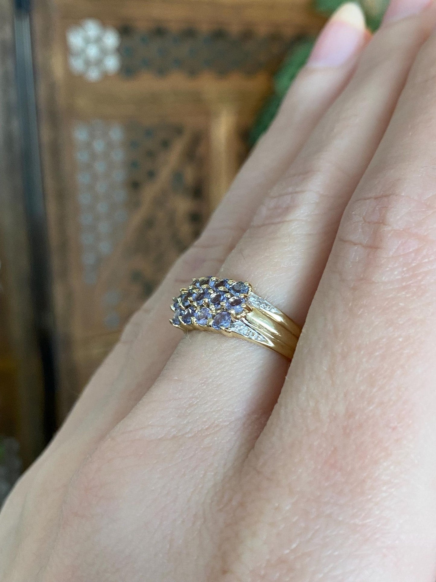 Vintage Solid 14k White & Yellow Gold Diamond Tanzanite Rows Ring Band - Size 6