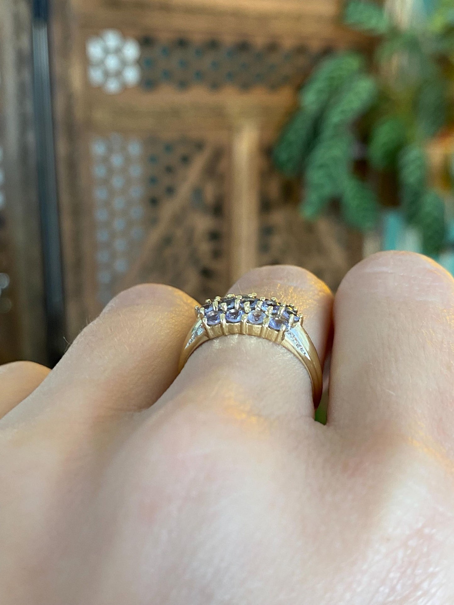 Vintage Solid 14k White & Yellow Gold Diamond Tanzanite Rows Ring Band - Size 6