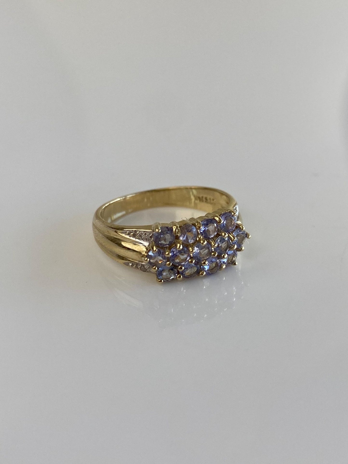 Vintage Solid 14k White & Yellow Gold Diamond Tanzanite Rows Ring Band - Size 6