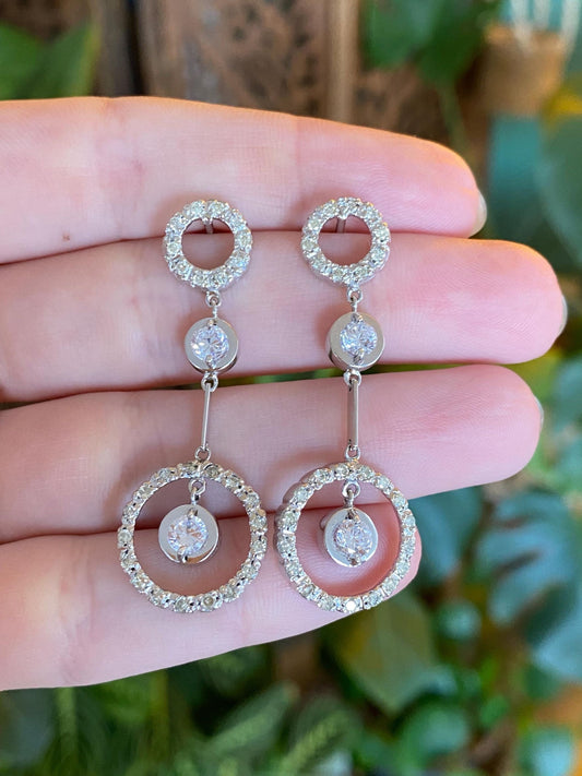 Vintage Solid 14k White Gold Diamond Halo Clear Cubic Zirconia Dangle Stud Earrings