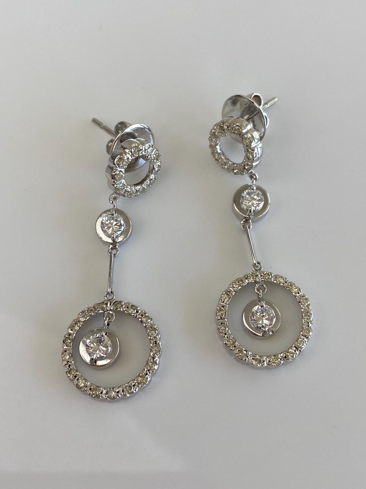 Vintage Solid 14k White Gold Diamond Halo Clear Cubic Zirconia Dangle Stud Earrings