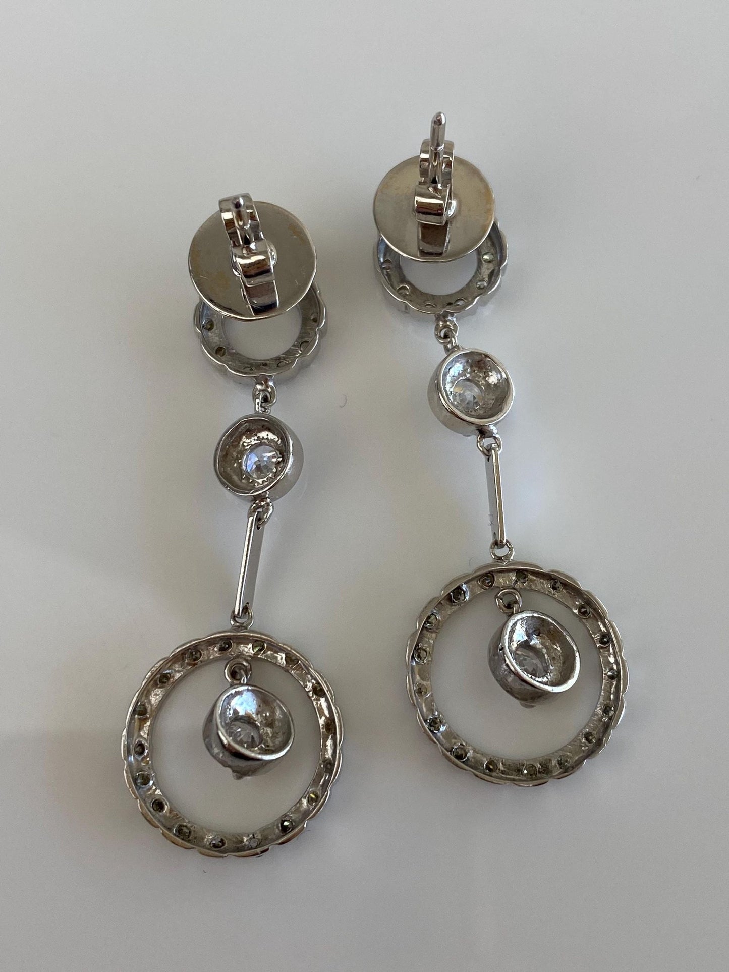 Vintage Solid 14k White Gold Diamond Halo Clear Cubic Zirconia Dangle Stud Earrings