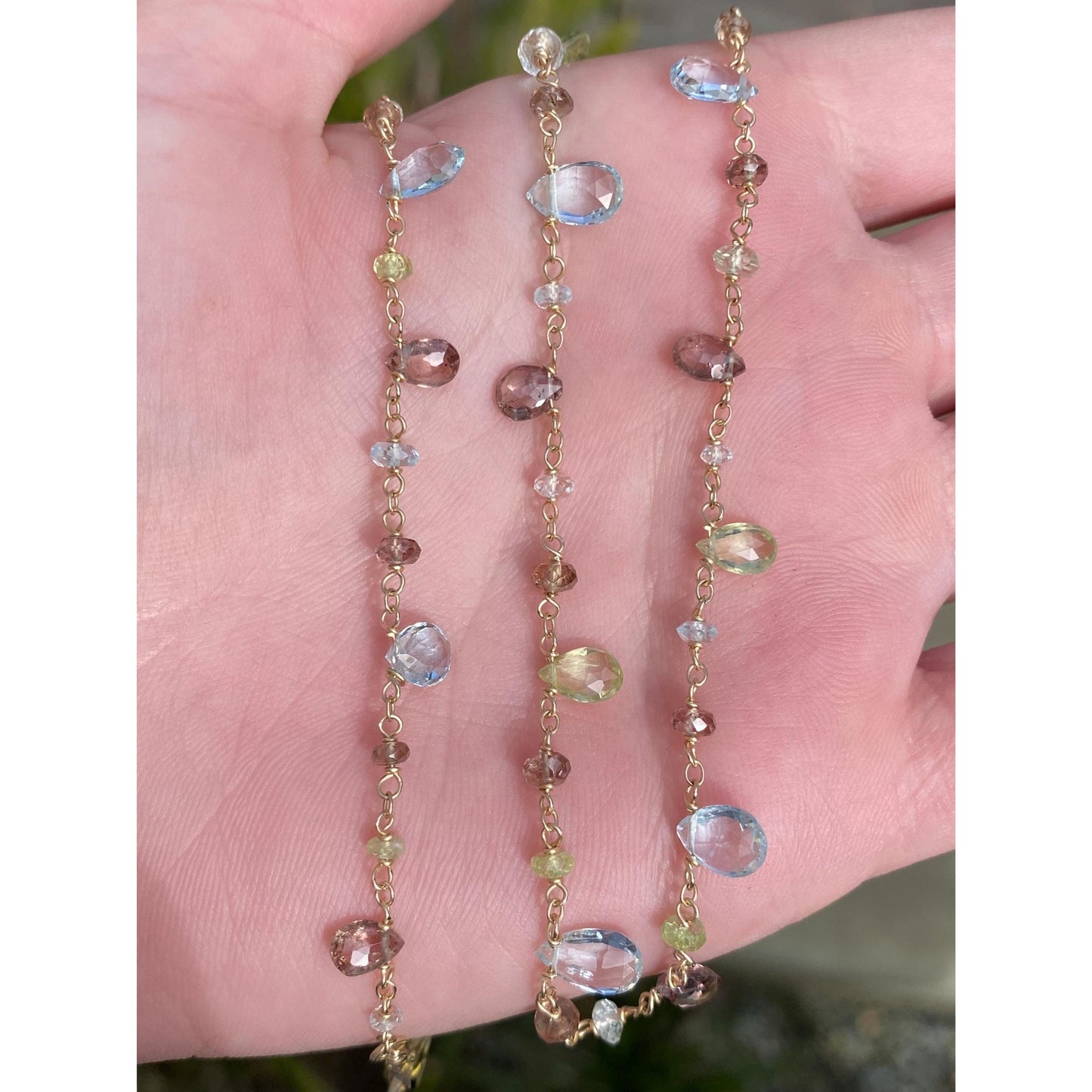 Vintage Solid 14k Yellow Gold Aquamarine Smoky Quartz Green Spinel Link Chain Necklace - 16.5 inches