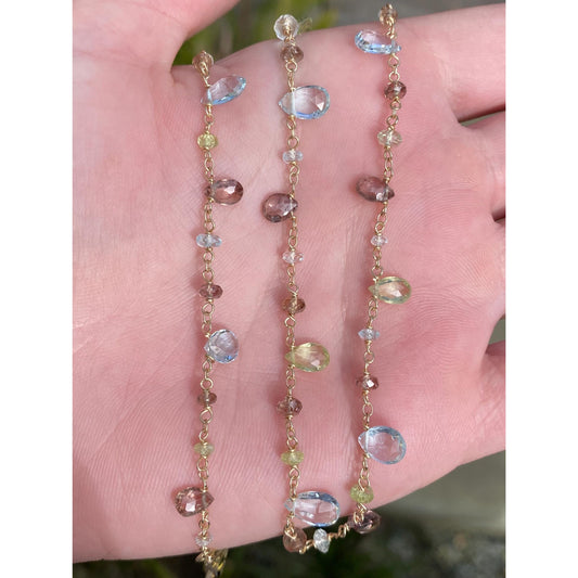 Vintage Solid 14k Yellow Gold Aquamarine Smoky Quartz Green Spinel Link Chain Necklace - 16.5 inches