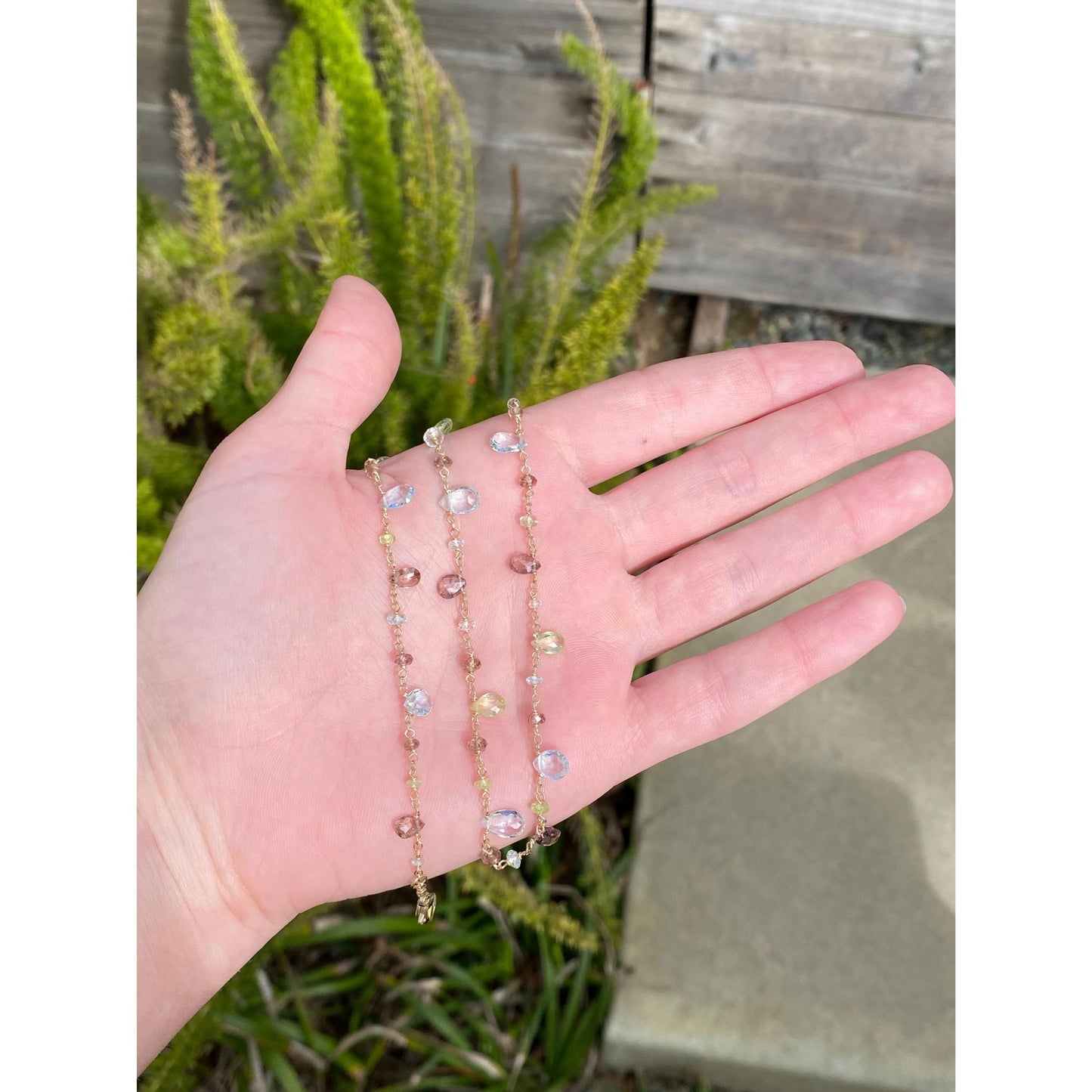 Vintage Solid 14k Yellow Gold Aquamarine Smoky Quartz Green Spinel Link Chain Necklace - 16.5 inches