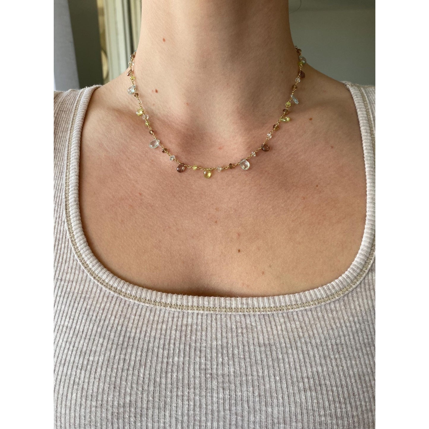 Vintage Solid 14k Yellow Gold Aquamarine Smoky Quartz Green Spinel Link Chain Necklace - 16.5 inches