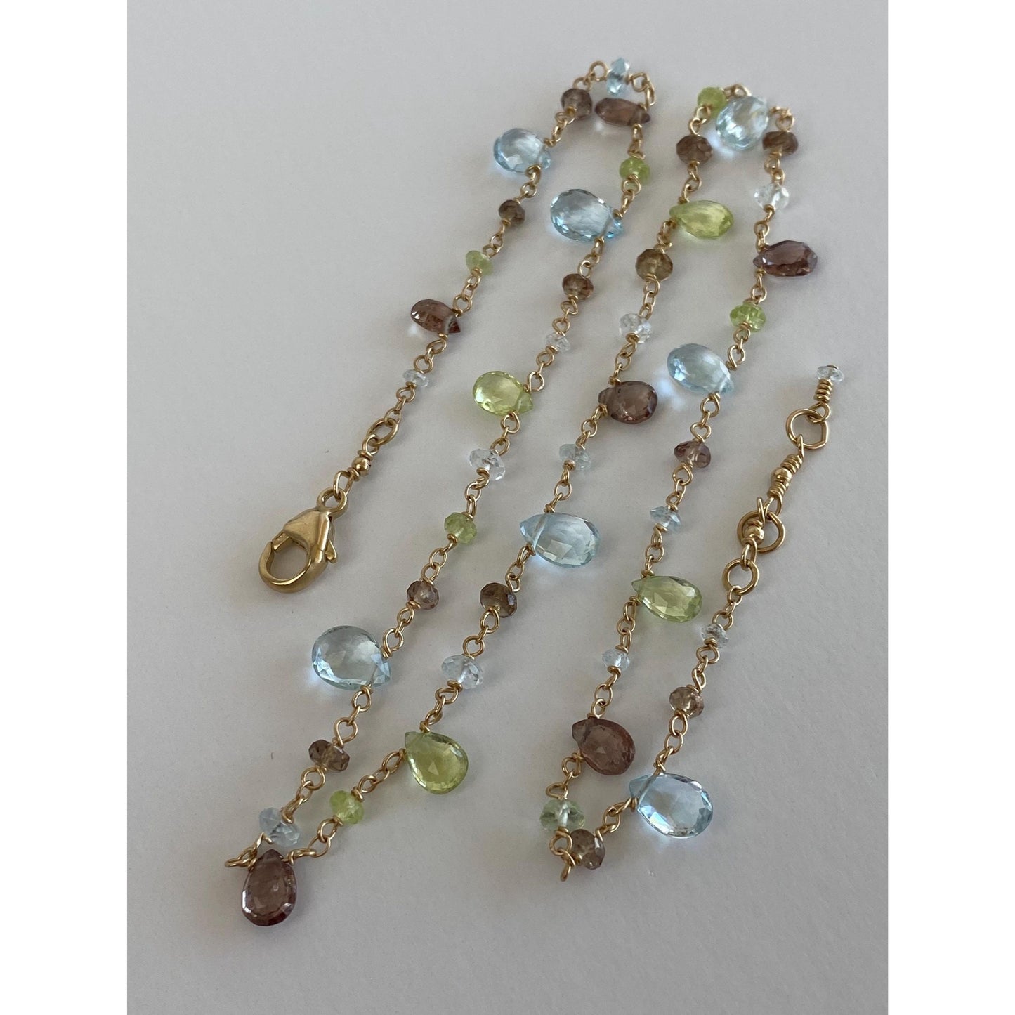 Vintage Solid 14k Yellow Gold Aquamarine Smoky Quartz Green Spinel Link Chain Necklace - 16.5 inches