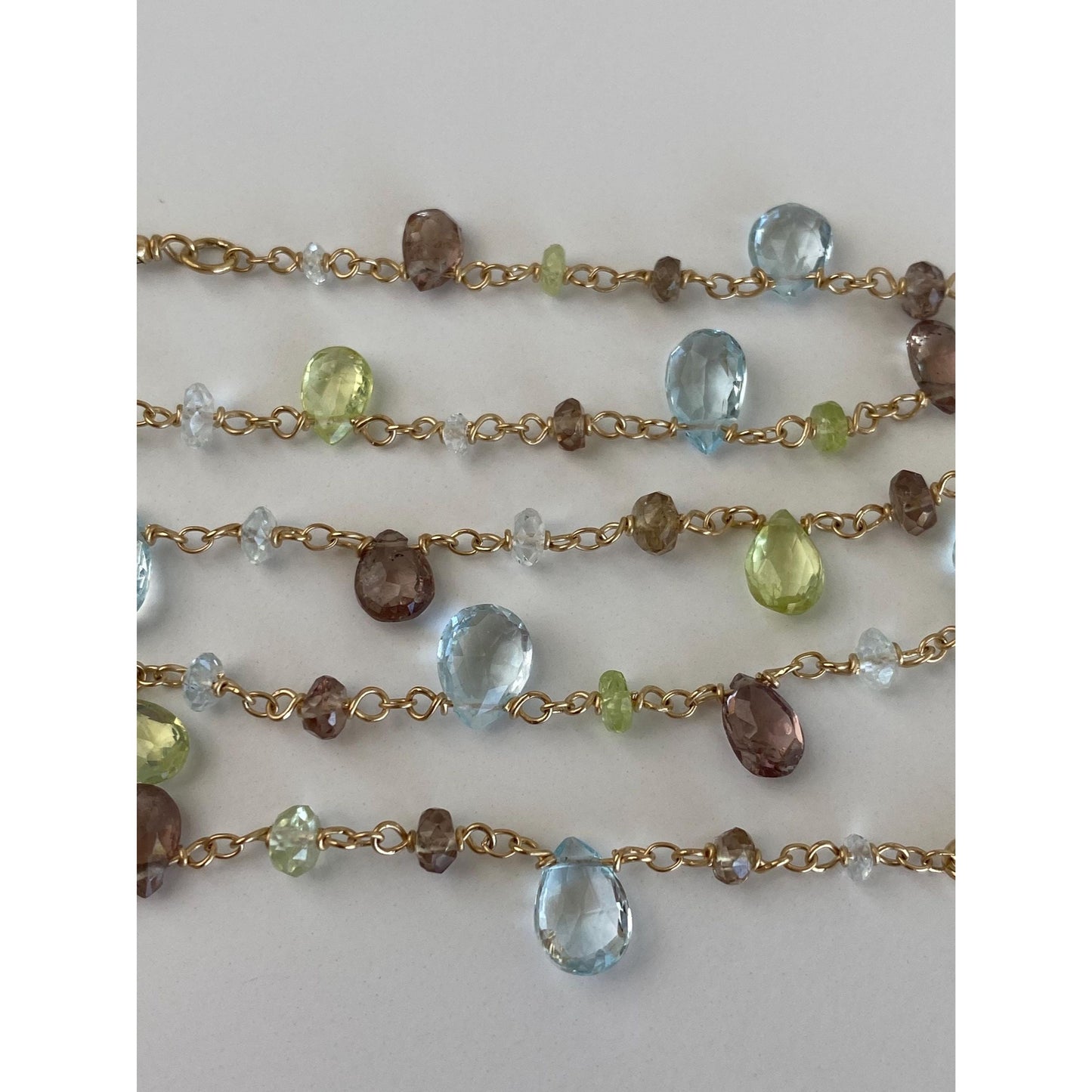 Vintage Solid 14k Yellow Gold Aquamarine Smoky Quartz Green Spinel Link Chain Necklace - 16.5 inches