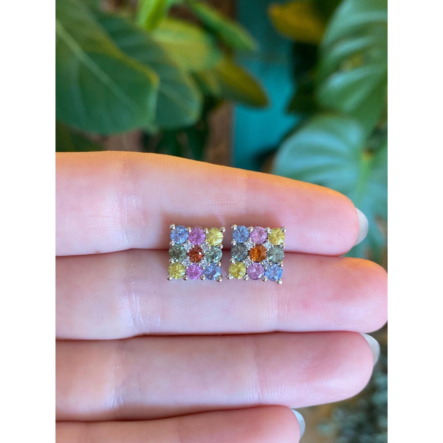 Solid 14k White Gold Diamond Colored Sapphire Square Stud Earrings