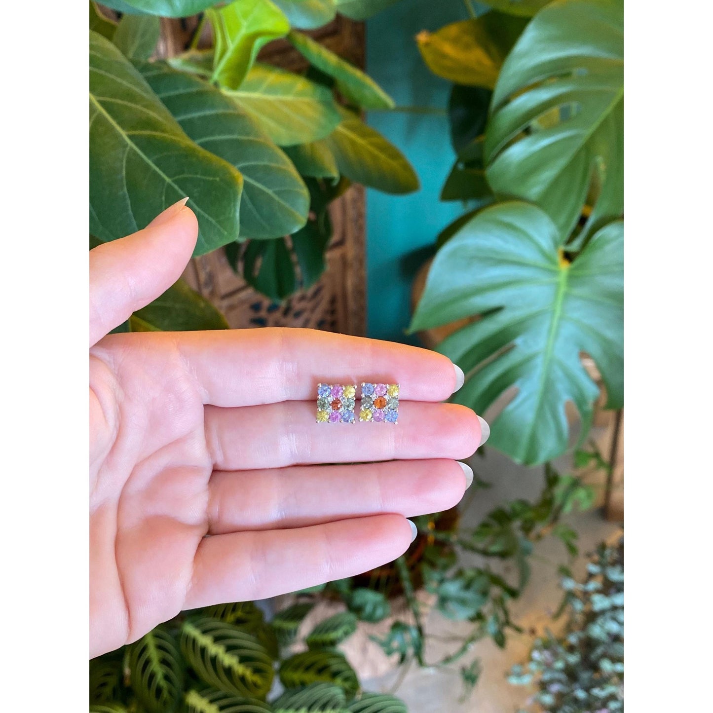 Solid 14k White Gold Diamond Colored Sapphire Square Stud Earrings