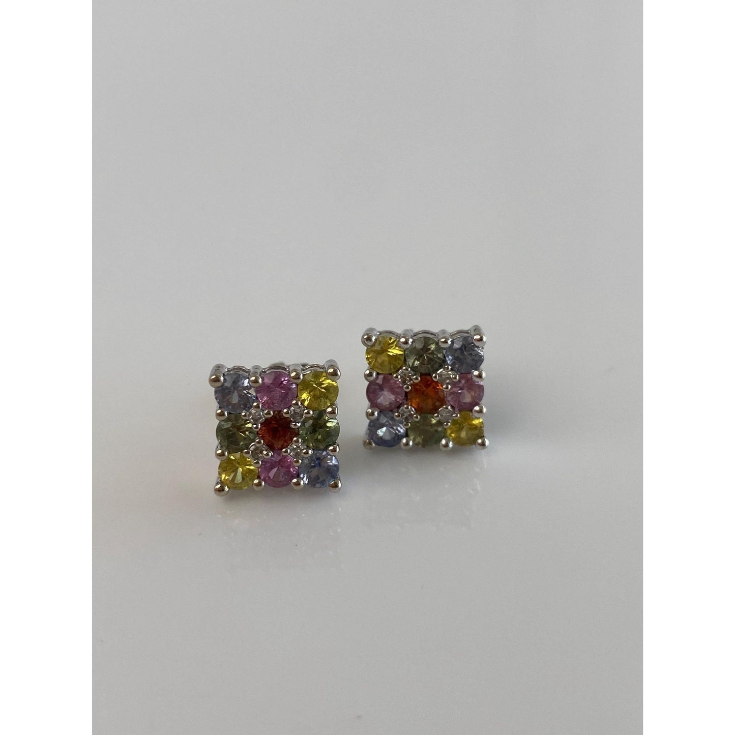 Solid 14k White Gold Diamond Colored Sapphire Square Stud Earrings