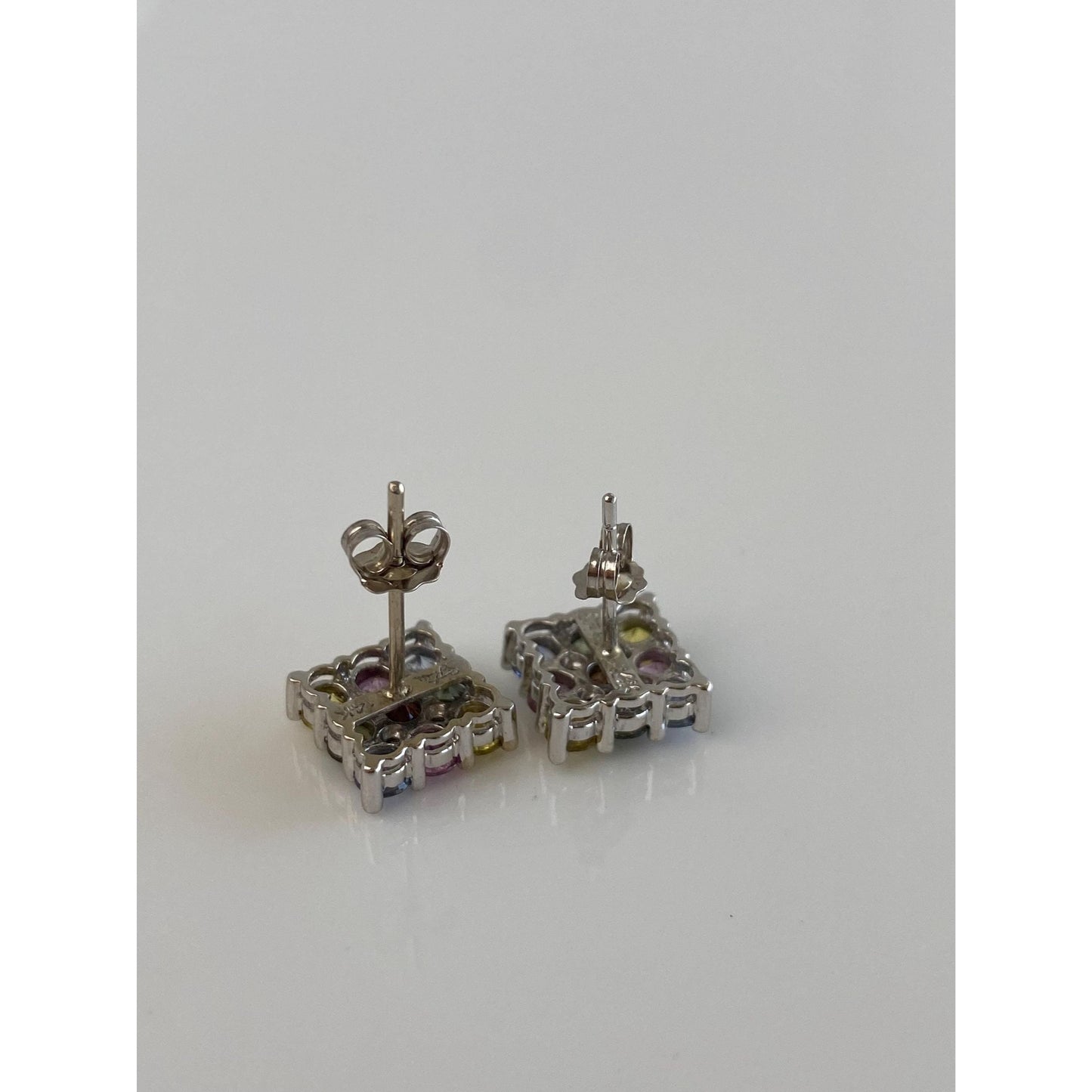 Solid 14k White Gold Diamond Colored Sapphire Square Stud Earrings