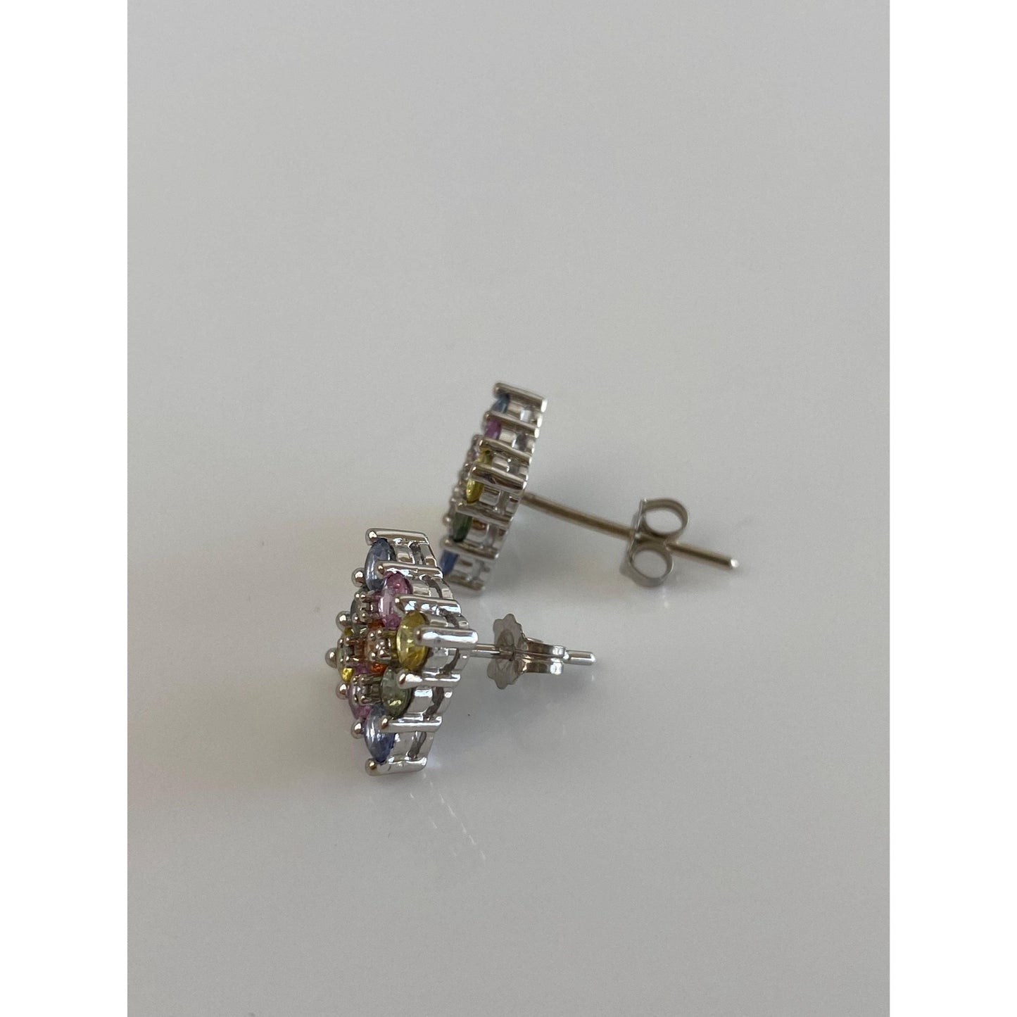 Solid 14k White Gold Diamond Colored Sapphire Square Stud Earrings
