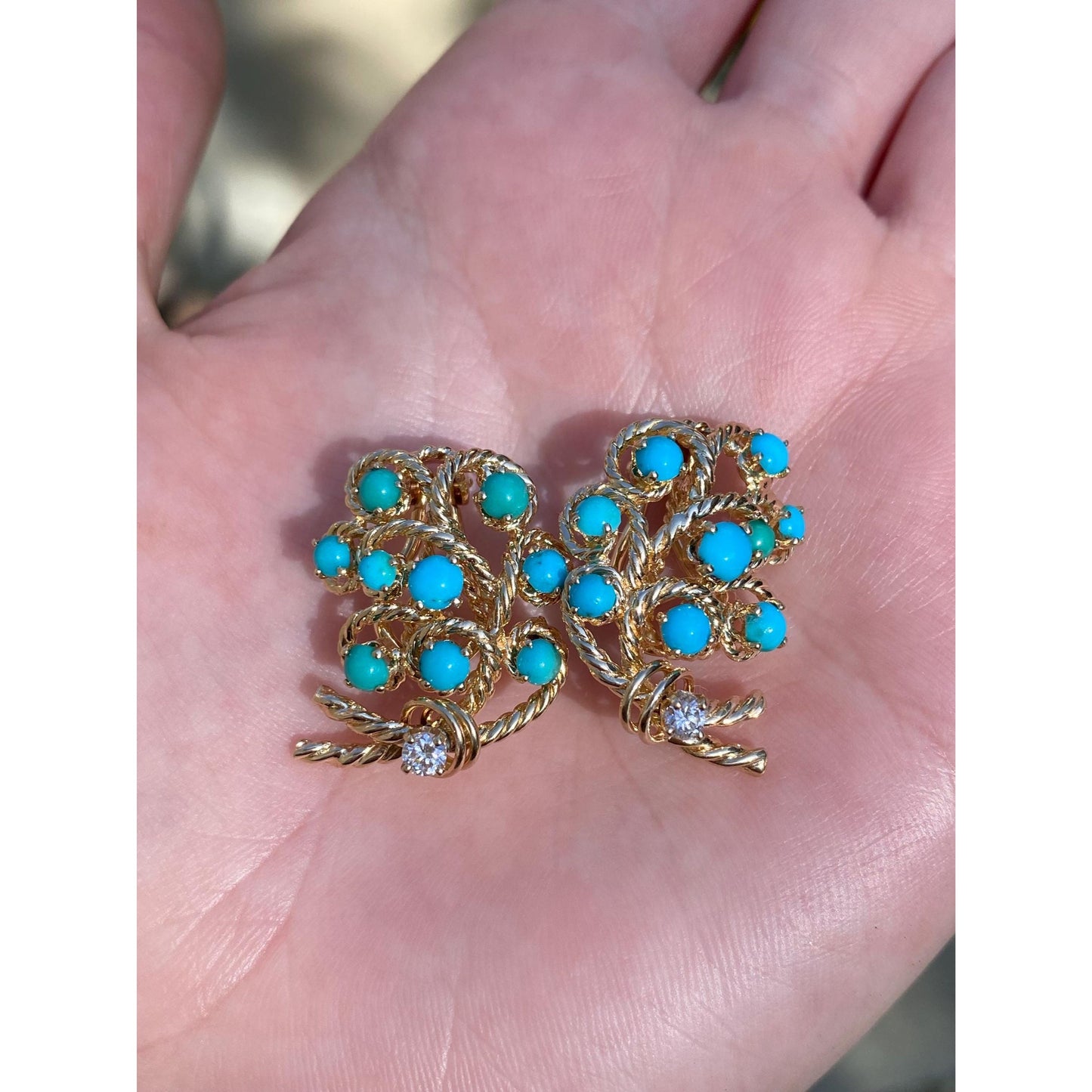 Vintage Solid 14k Yellow Gold Diamond Turquoise Stud Earrings
