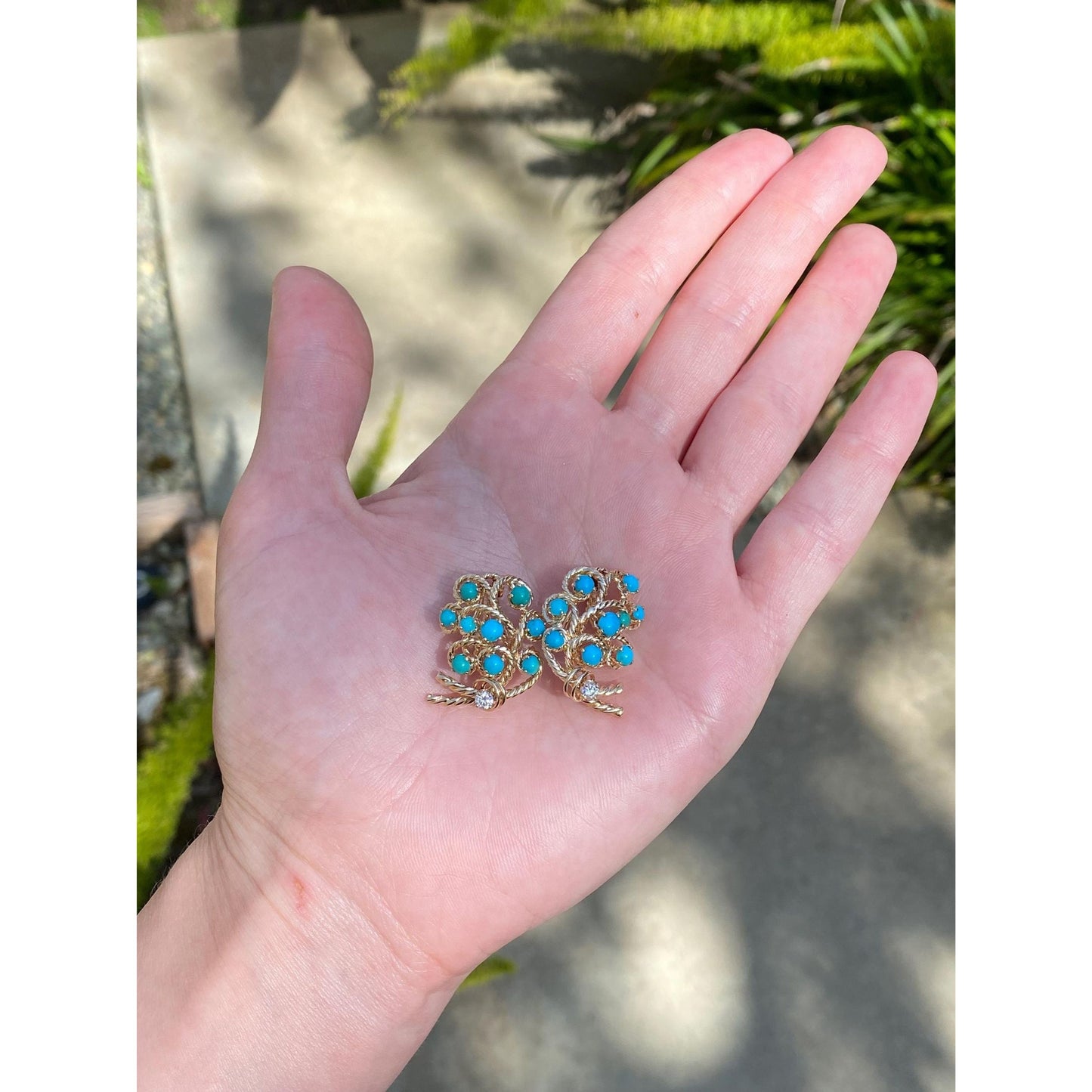 Vintage Solid 14k Yellow Gold Diamond Turquoise Stud Earrings