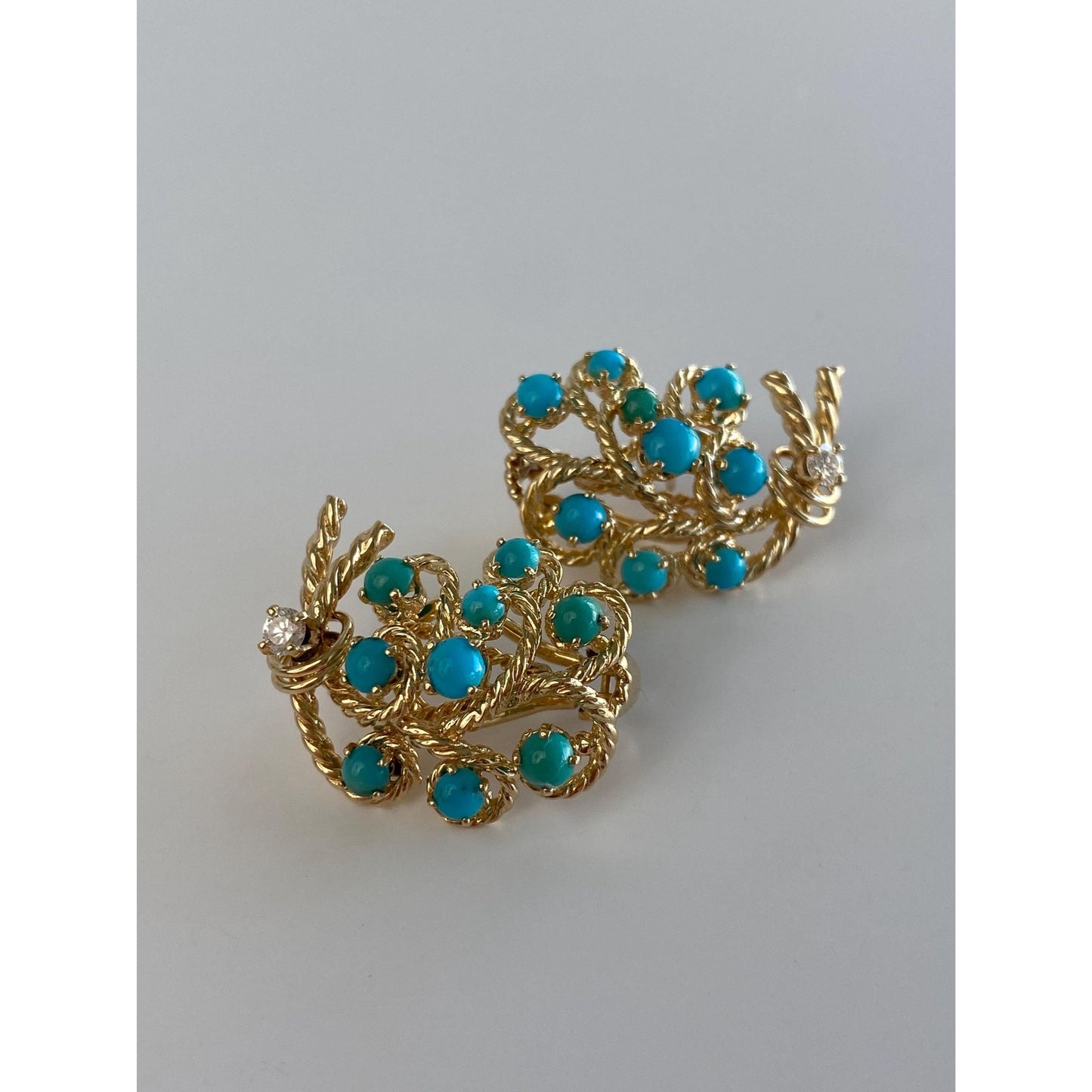 Vintage Solid 14k Yellow Gold Diamond Turquoise Stud Earrings