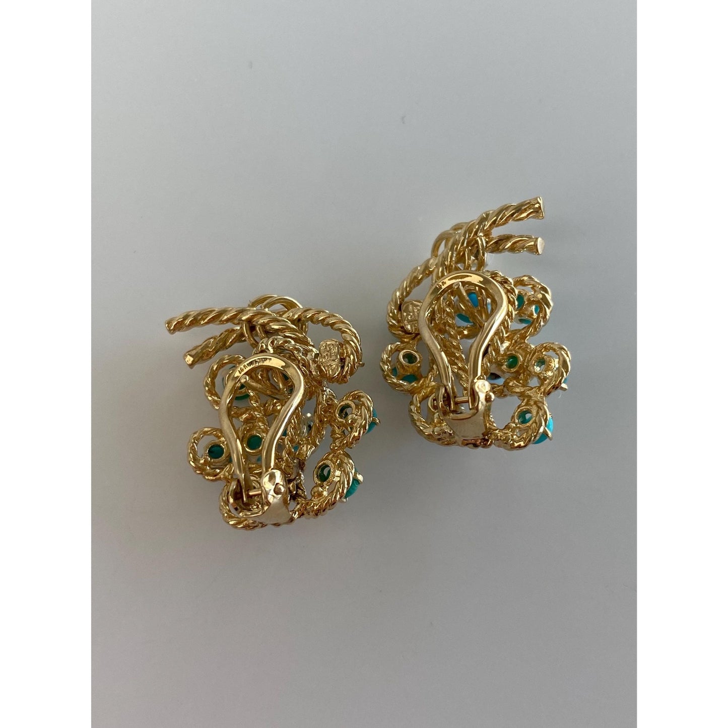 Vintage Solid 14k Yellow Gold Diamond Turquoise Stud Earrings
