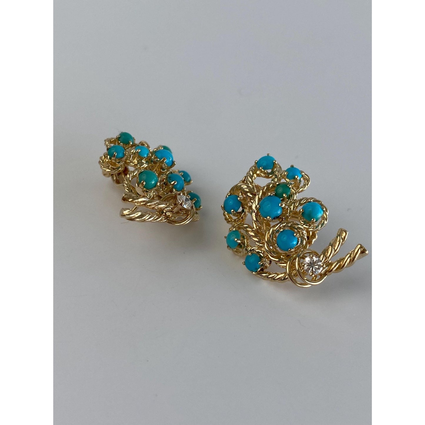 Vintage Solid 14k Yellow Gold Diamond Turquoise Stud Earrings