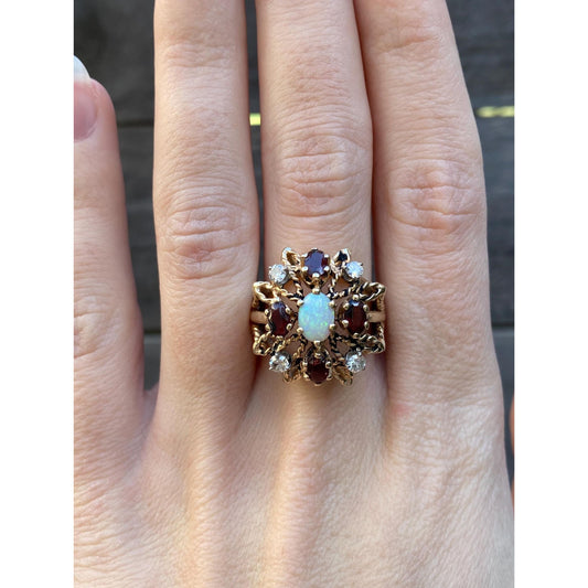 Vintage Solid 14k Yellow Gold Garnet Opal Diamond Cocktail Ring - Size 6.75