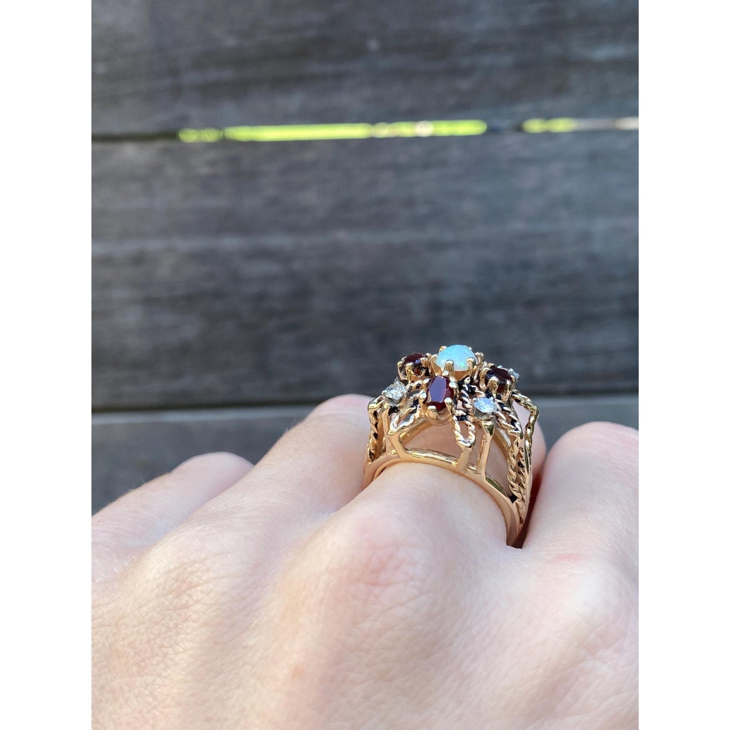 Vintage Solid 14k Yellow Gold Garnet Opal Diamond Cocktail Ring - Size 6.75
