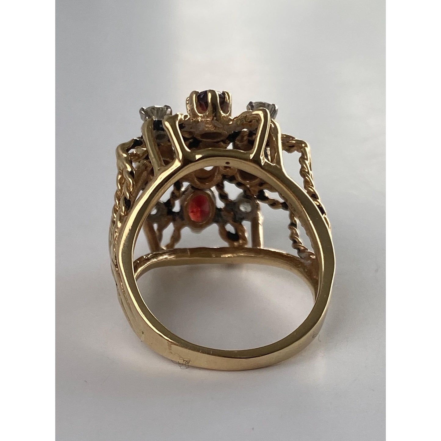 Vintage Solid 14k Yellow Gold Garnet Opal Diamond Cocktail Ring - Size 6.75