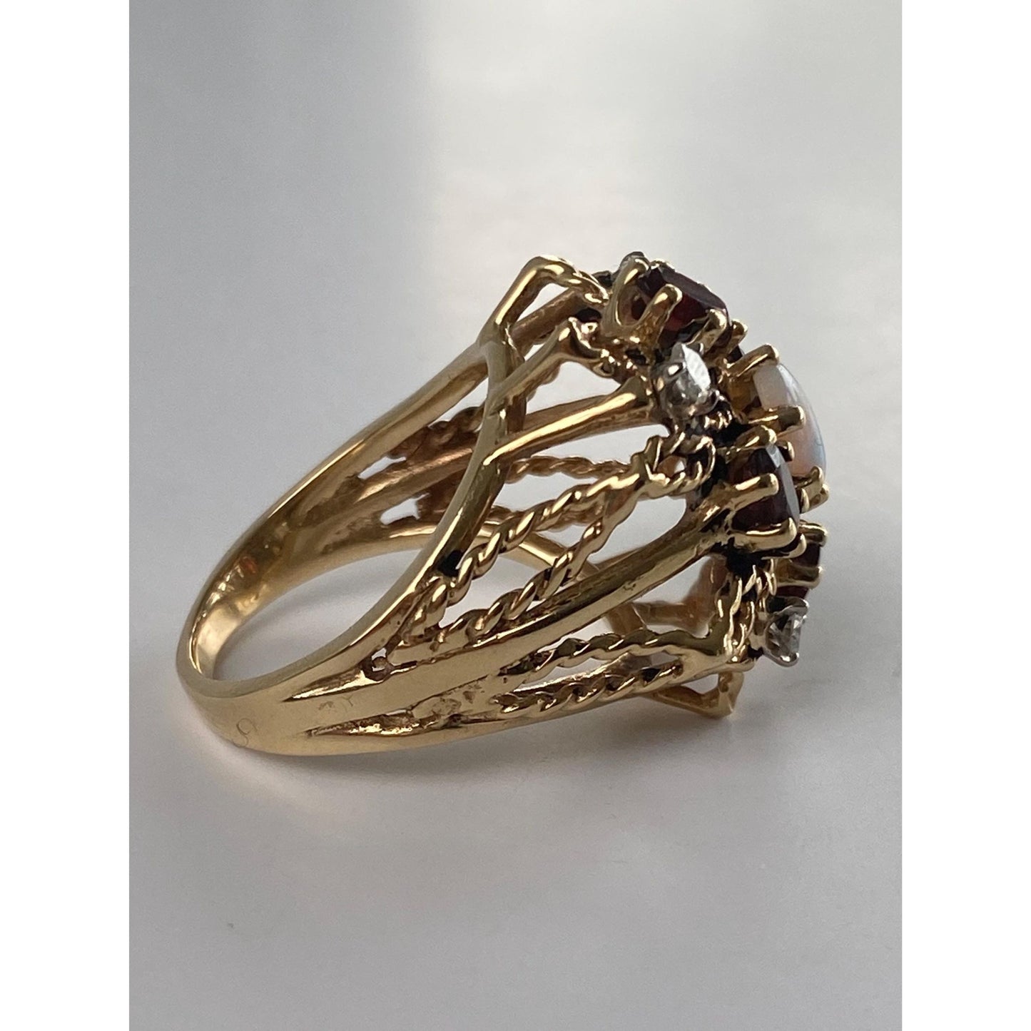 Vintage Solid 14k Yellow Gold Garnet Opal Diamond Cocktail Ring - Size 6.75