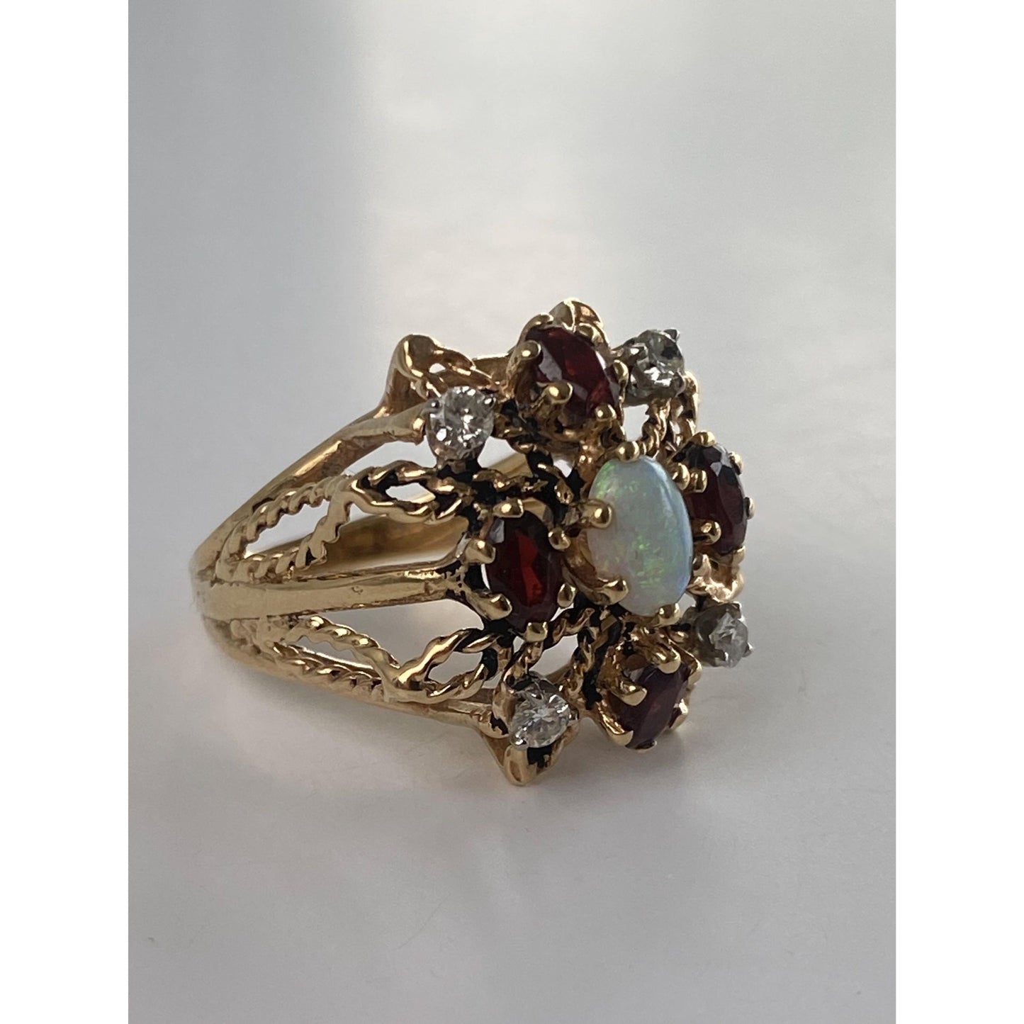 Vintage Solid 14k Yellow Gold Garnet Opal Diamond Cocktail Ring - Size 6.75