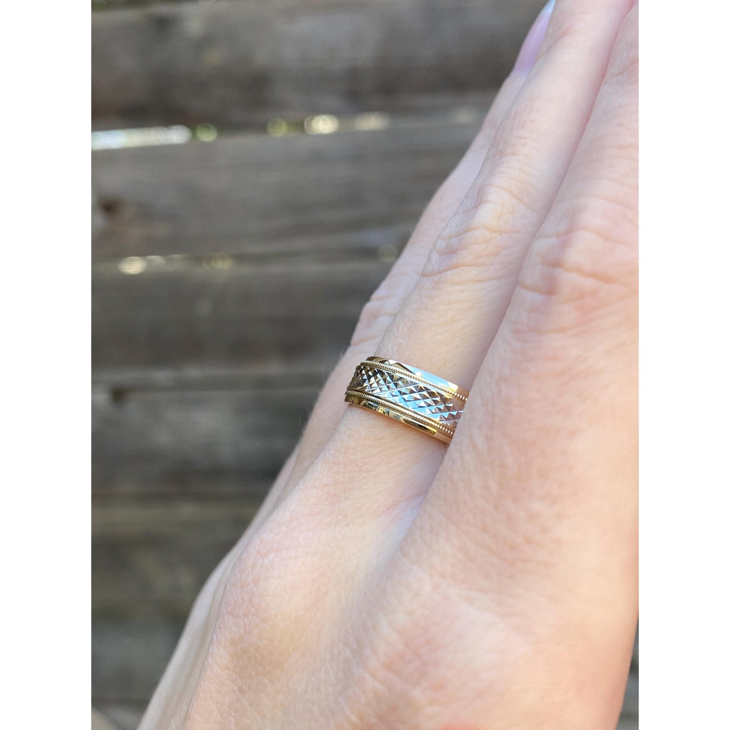 Vintage Solid 10k White & Yellow Gold Studded Texture Ring Band - Size 9