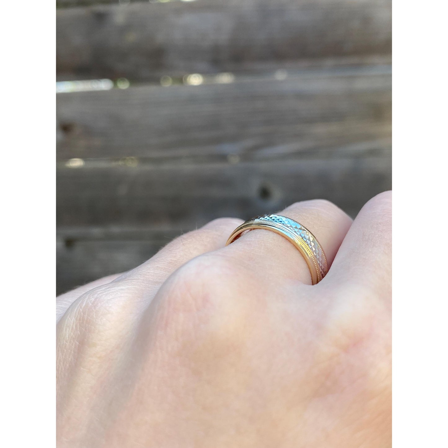 Vintage Solid 10k White & Yellow Gold Studded Texture Ring Band - Size 9