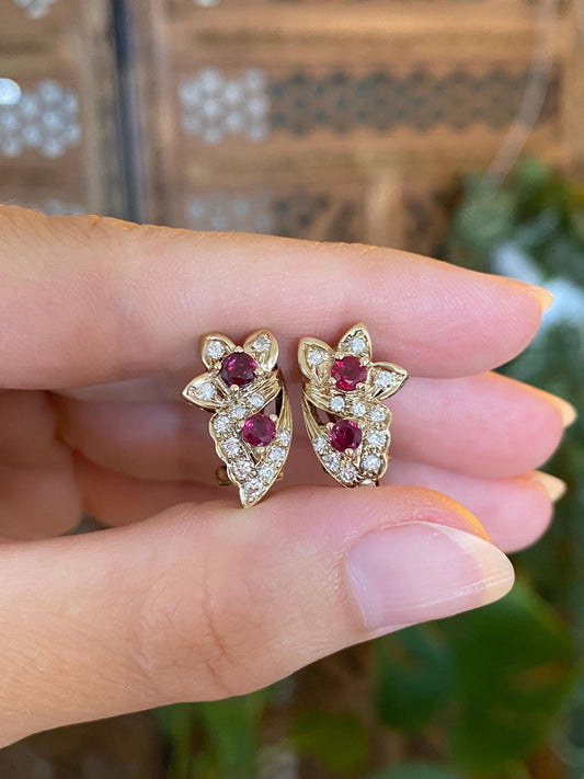 Vintage Solid 14k Yellow Gold Ruby Diamond Floral Drop Earrings