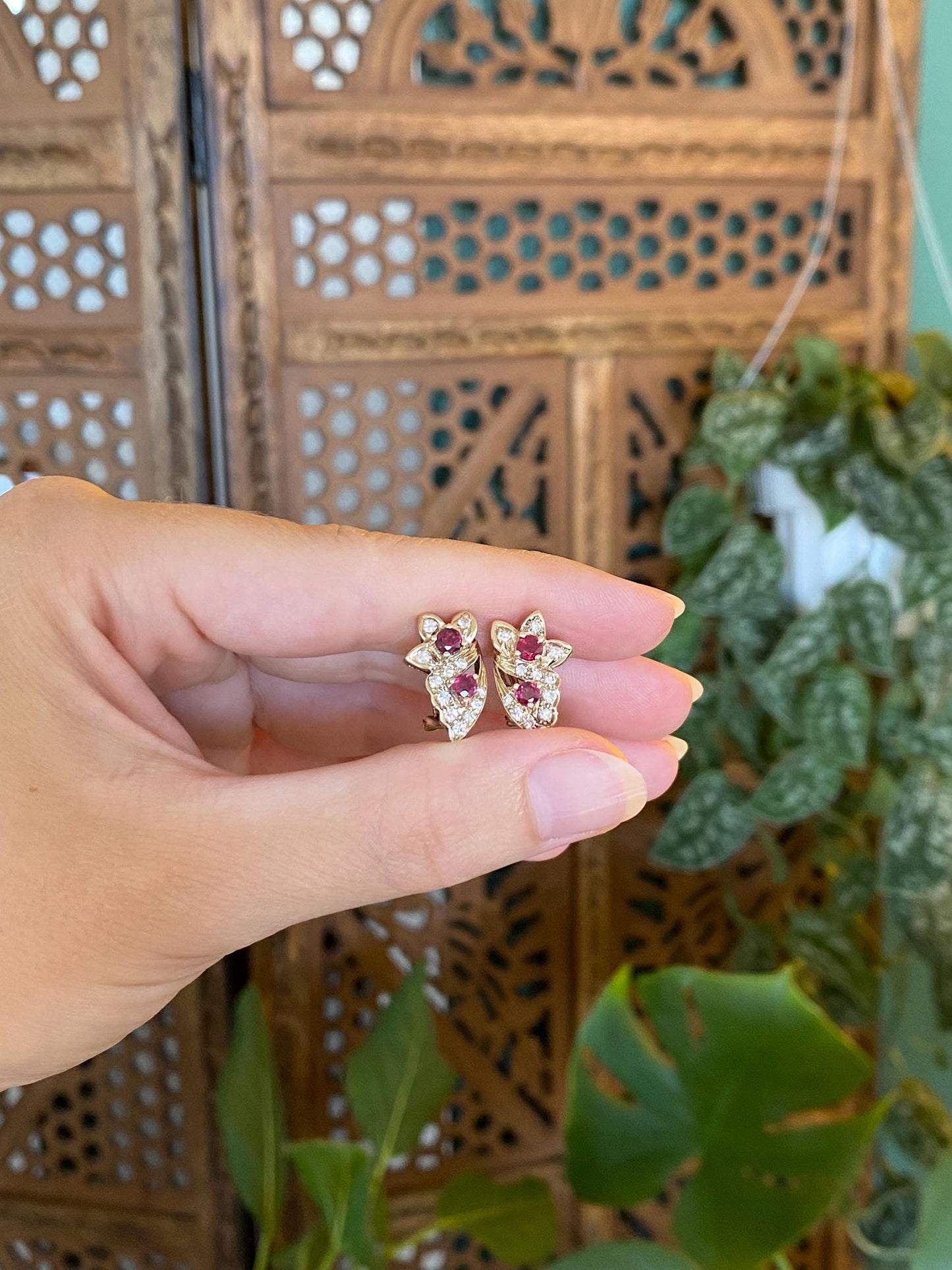 Vintage Solid 14k Yellow Gold Ruby Diamond Floral Drop Earrings