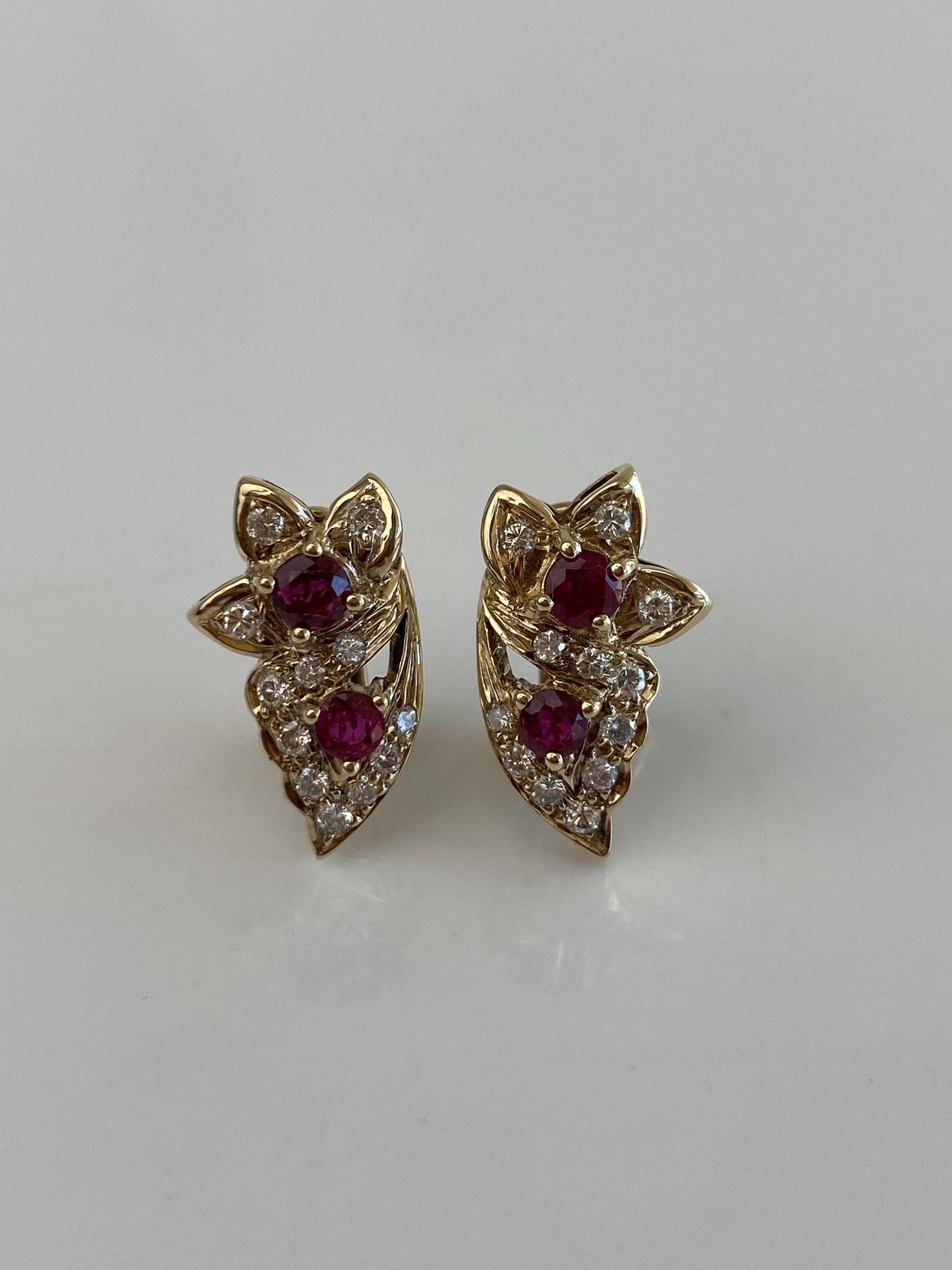 Vintage Solid 14k Yellow Gold Ruby Diamond Floral Drop Earrings