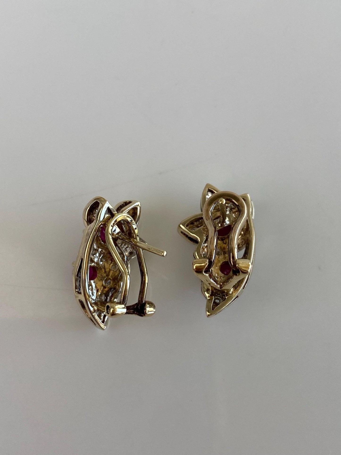 Vintage Solid 14k Yellow Gold Ruby Diamond Floral Drop Earrings